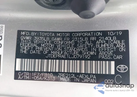 2020 Toyota Corolla Le из США, поврежденный, VIN JTDEPRAE1LJ079192